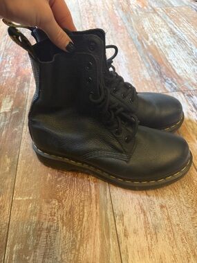 Dr. Martens Black Leather Lace-Up Boots with Yellow Stitching